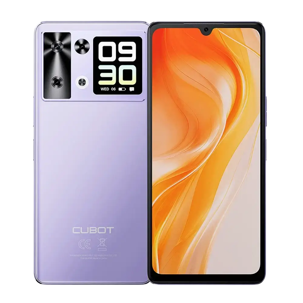 Smartphone violet avec écran secondaire à l’arrière.