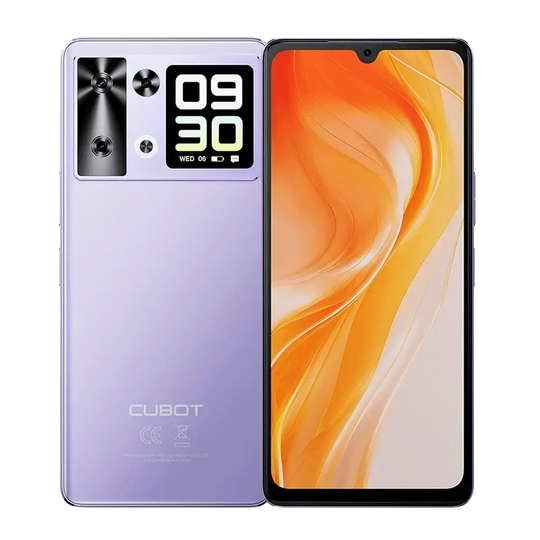 Smartphone violet avec écran secondaire à l’arrière.