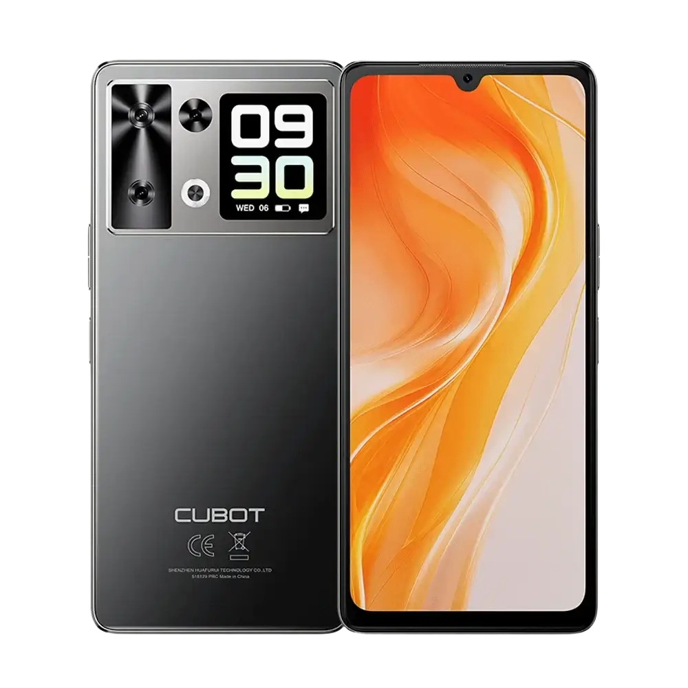 Deux smartphones noirs, l’un montrant son dos avec un module caméra et un petit écran, l’autre montrant son écran jaune-orange vibrant.