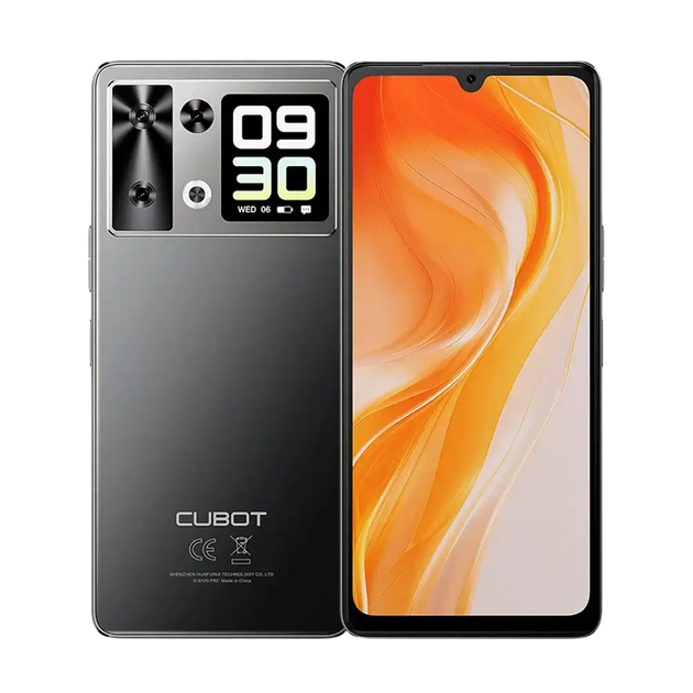 Deux smartphones noirs, l’un montrant son dos avec un module caméra et un petit écran, l’autre montrant son écran jaune-orange vibrant.