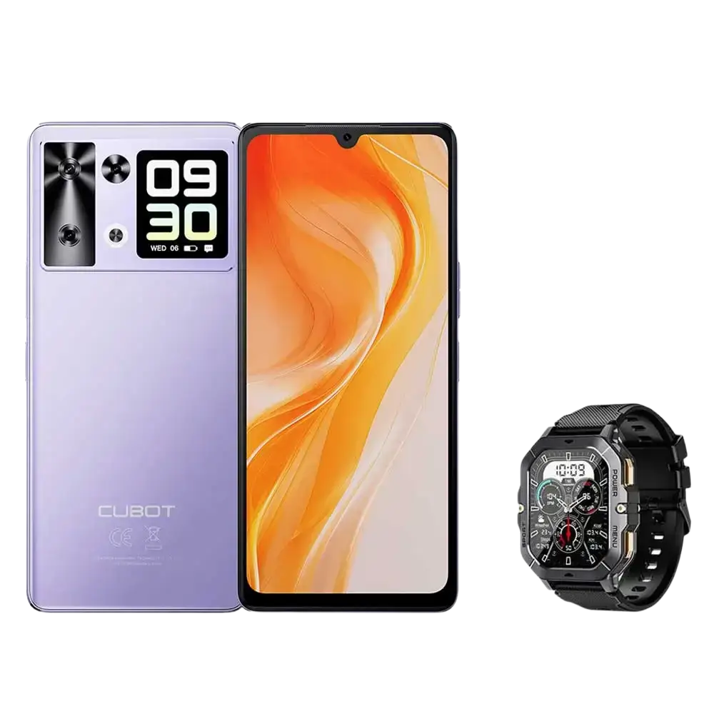 Un smartphone violet avec un écran secondaire au dos, accompagné d’une montre intelligente robuste noire.