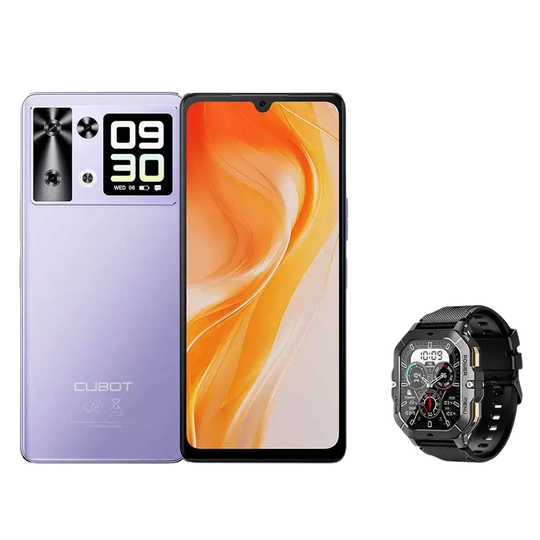 Un smartphone violet avec un écran secondaire au dos, accompagné d’une montre intelligente robuste noire.