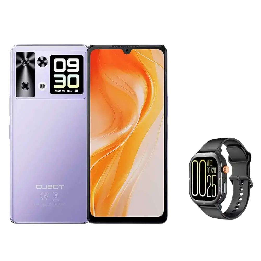 Un smartphone lavande avec un grand écran et une smartwatch noire.