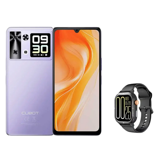 Un smartphone lavande avec un grand écran et une smartwatch noire.