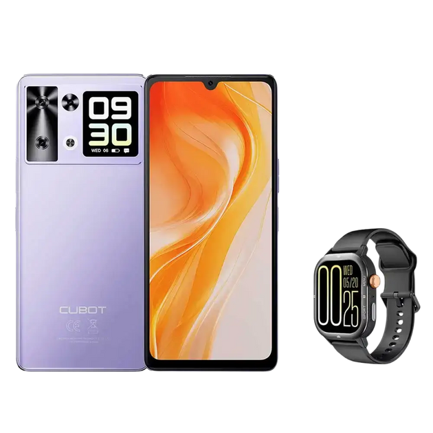 Un smartphone lavande avec un grand écran et une smartwatch noire.