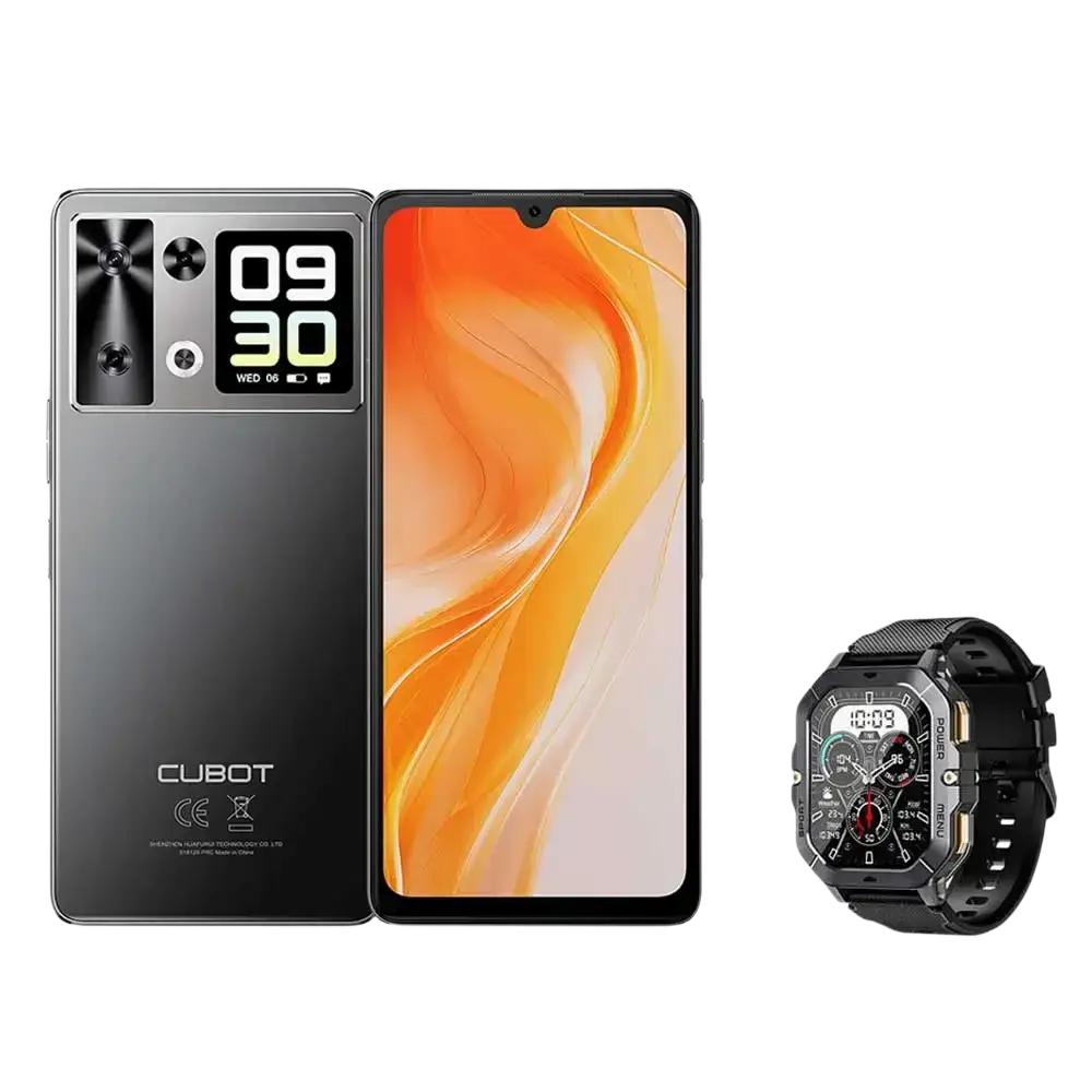 Un smartphone gris foncé avec un écran orange et un écran secondaire à l’arrière, accompagné d’une smartwatch noire.