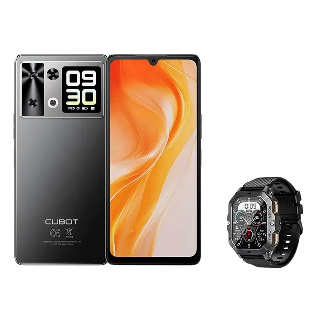 Un smartphone gris foncé avec un écran orange et un écran secondaire à l’arrière, accompagné d’une smartwatch noire.