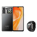 Un smartphone gris foncé avec un écran orange et un écran secondaire à l’arrière, accompagné d’une smartwatch noire.