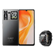 Un smartphone gris foncé avec un écran orange et un écran secondaire à l’arrière, accompagné d’une smartwatch noire.