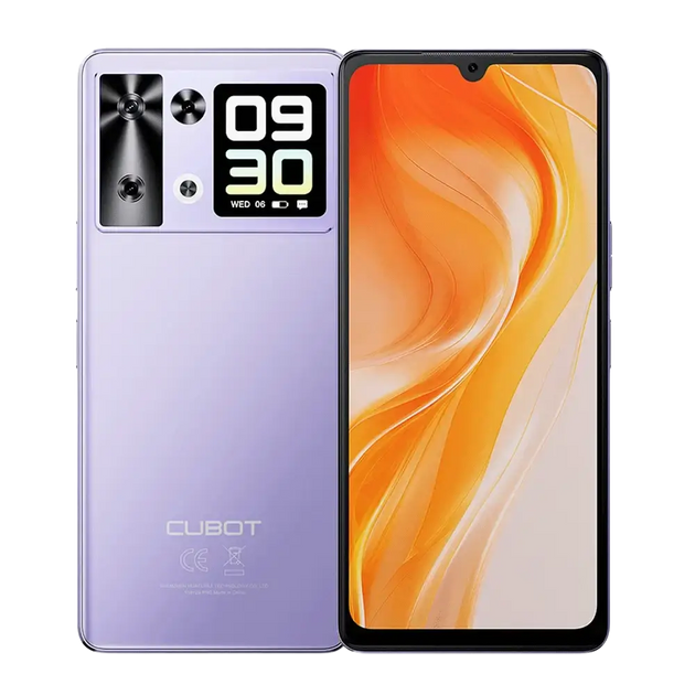 Smartphone violet avec écran secondaire à l’arrière.