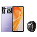 Un smartphone violet avec un écran secondaire au dos, accompagné d’une montre intelligente robuste noire.