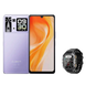 Un smartphone violet avec un écran secondaire au dos, accompagné d’une montre intelligente robuste noire.