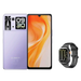 Un smartphone lavande avec un grand écran et une smartwatch noire.
