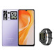 Un smartphone lavande avec un grand écran et une smartwatch noire.