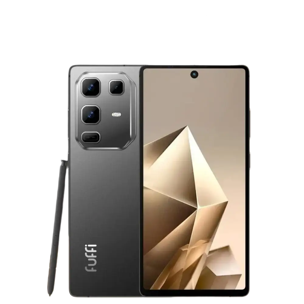 Un smartphone gris foncé avec un stylet, doté d’un système d’appareil photo à lentilles multiples et d’un écran avec un fond d’écran géométrique.