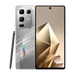 Smartphone argenté avec stylet, doté d’un système multi-caméras au dos et d’une caméra frontale à trou.