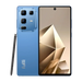 Smartphone bleu avec stylet, doté d’un système de caméra à lentilles multiples à l’arrière et d’une caméra frontale à trou.