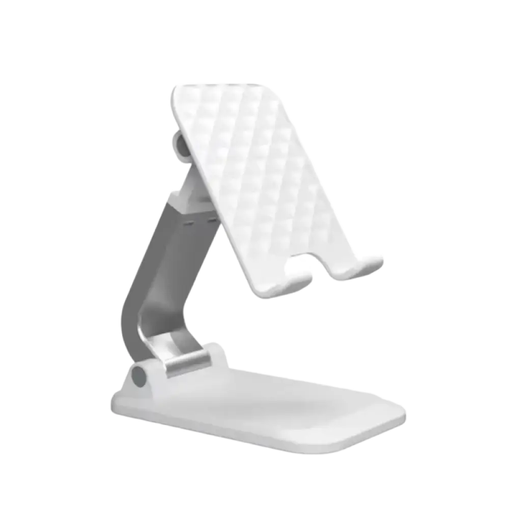 Support de téléphone pliable réglable, blanc et gris, avec plaque arrière texturée.