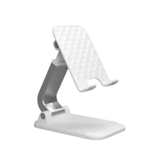 Support de téléphone pliable réglable, blanc et gris, avec plaque arrière texturée.