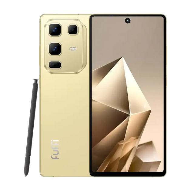 Un smartphone doré doté d’un triple appareil photo et d’un stylet noir.