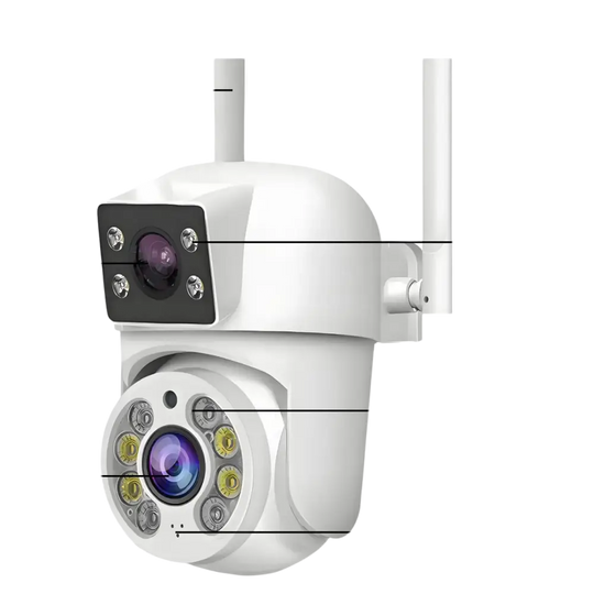 Caméra de sécurité extérieure blanche avec deux antennes, deux objectifs, des LED IR/blanches et un haut-parleur.