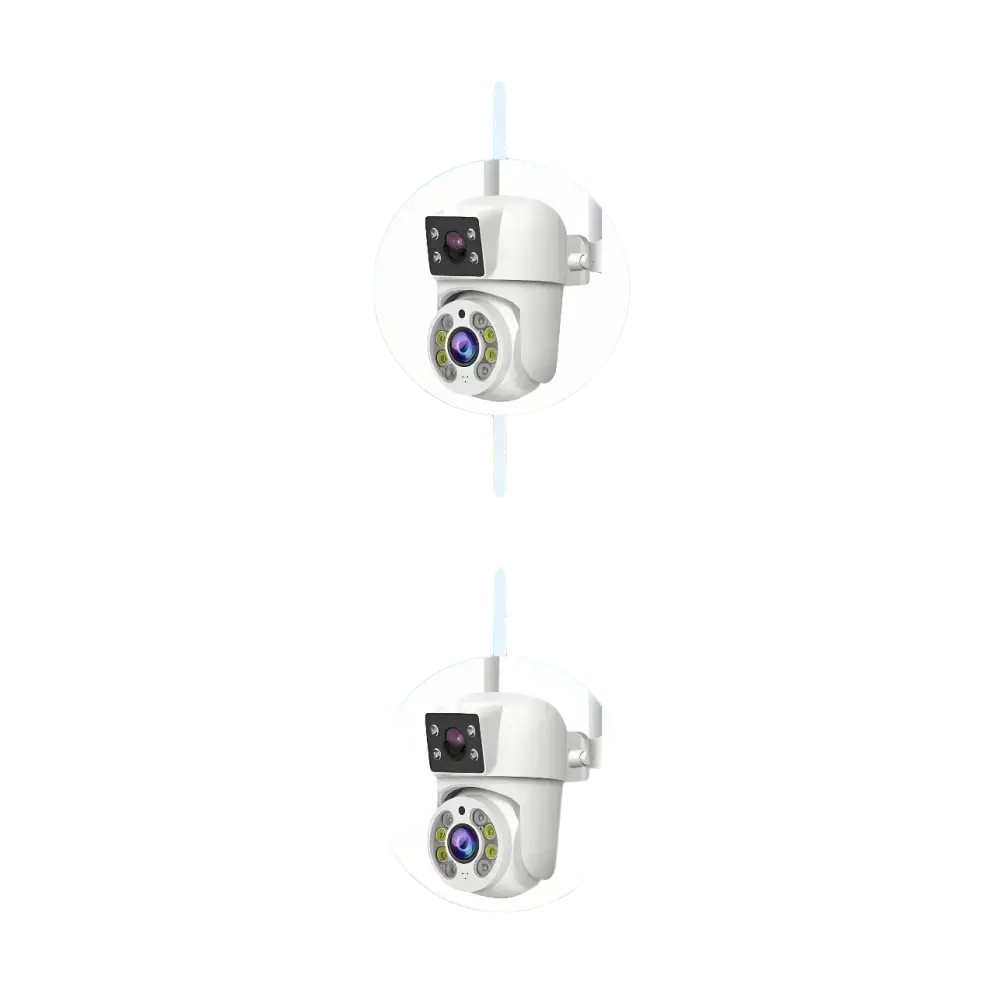 Une caméra de sécurité à double objectif avec des options de résolution de 6MP (2x3MP) et 8MP (2x4MP).
