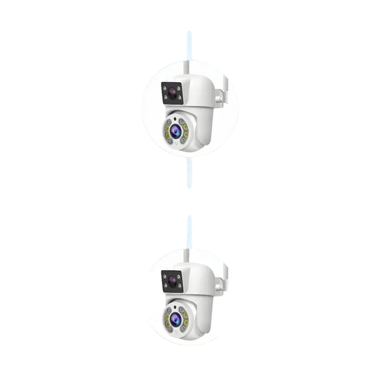 Une caméra de sécurité à double objectif avec des options de résolution de 6MP (2x3MP) et 8MP (2x4MP).