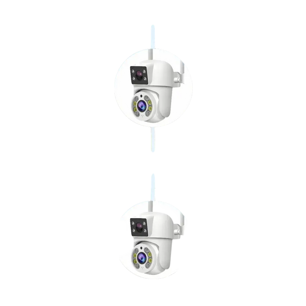 Une caméra de sécurité à double objectif avec des options de résolution de 6MP (2x3MP) et 8MP (2x4MP).
