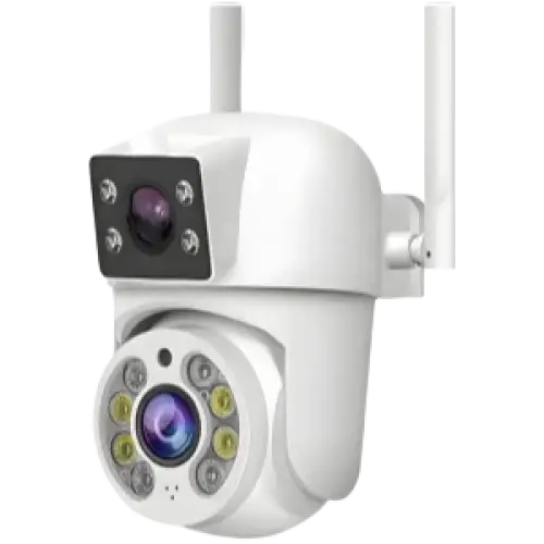 Caméra de sécurité extérieure blanche avec double objectif et vision nocturne infrarouge.