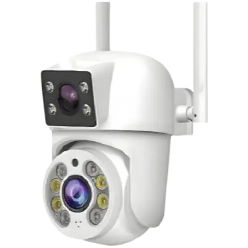 Caméra de sécurité extérieure blanche avec zoom panoramique, vision nocturne et double antenne.