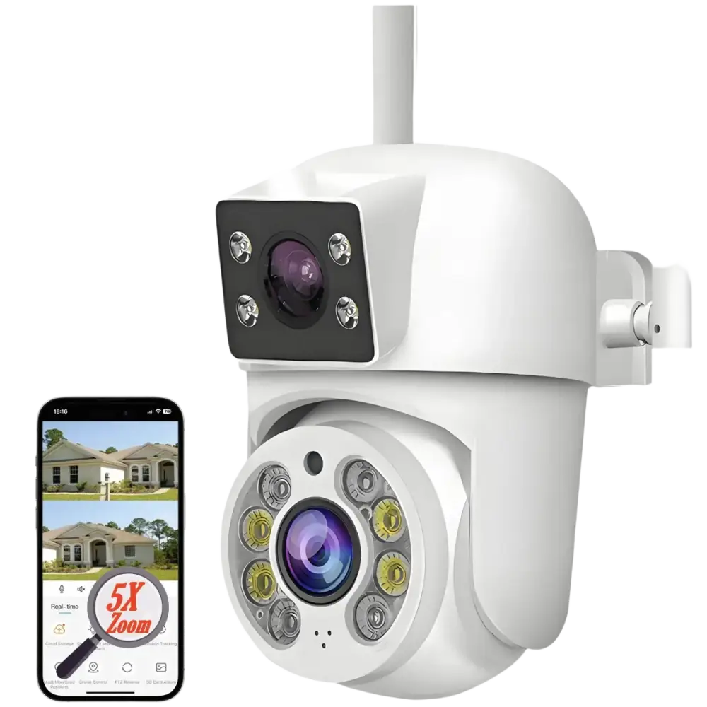 Caméra de sécurité extérieure blanche 6MP 1,5K+1,5K HD WiFi à double objectif avec zoom 5X et compatibilité avec les applications.