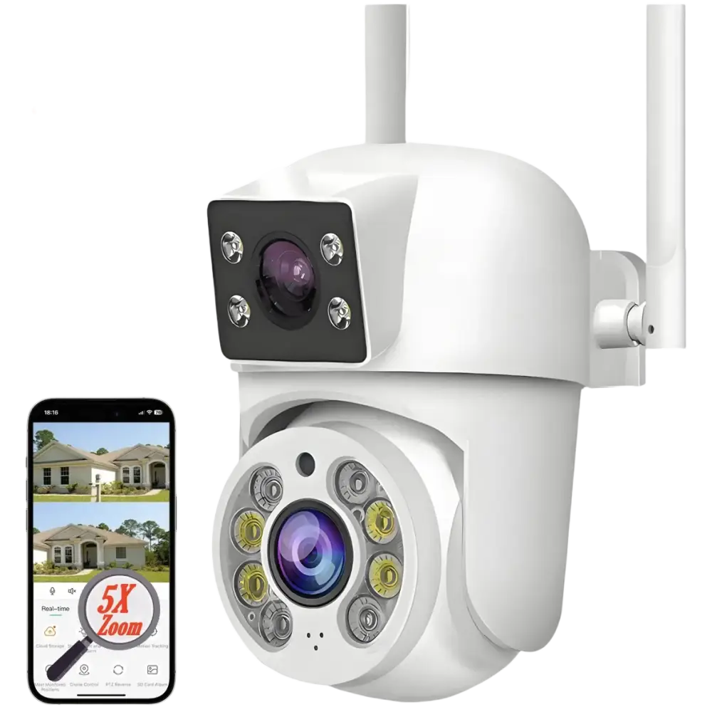 Caméra de sécurité extérieure blanche 8MP à double objectif avec connectivité WiFi et compatibilité avec l’application Tuya Smart/Smart Life, dotée d’un zoom 5X et d’un double écran.