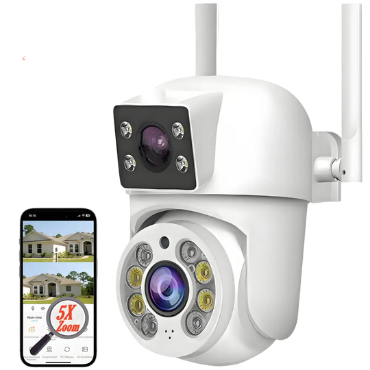 Caméra de sécurité extérieure blanche avec double objectif, résolution HD 8MP 2K+2K, zoom 5X et compatibilité avec l’application Tuya Smart/Smart Life.