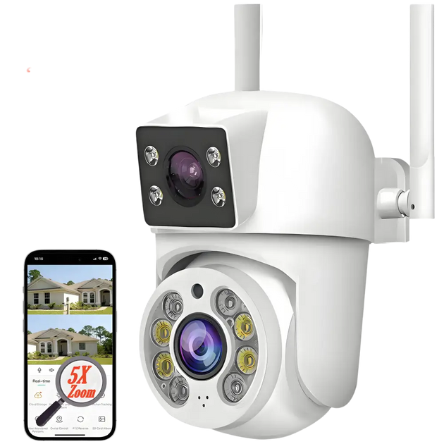 Caméra de sécurité extérieure blanche avec double objectif, résolution HD 8MP 2K+2K, zoom 5X et compatibilité avec l’application Tuya Smart/Smart Life.