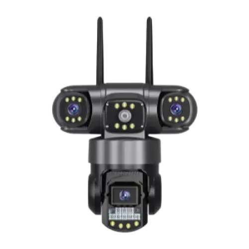 Une caméra de sécurité à lentilles multiples avec vision nocturne et antennes Wi-Fi.
