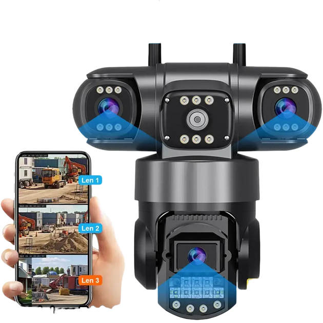 Caméra de sécurité à objectifs multiples avec WiFi, suivi automatique, audio, indice de protection IP66, Bluetooth et résolution Ultra HD de 12 Mpx.