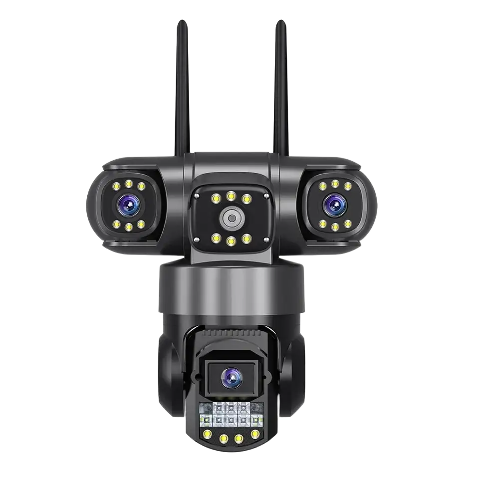 Caméra de sécurité WiFi noire à triple objectif avec carte mémoire de 64 Go.