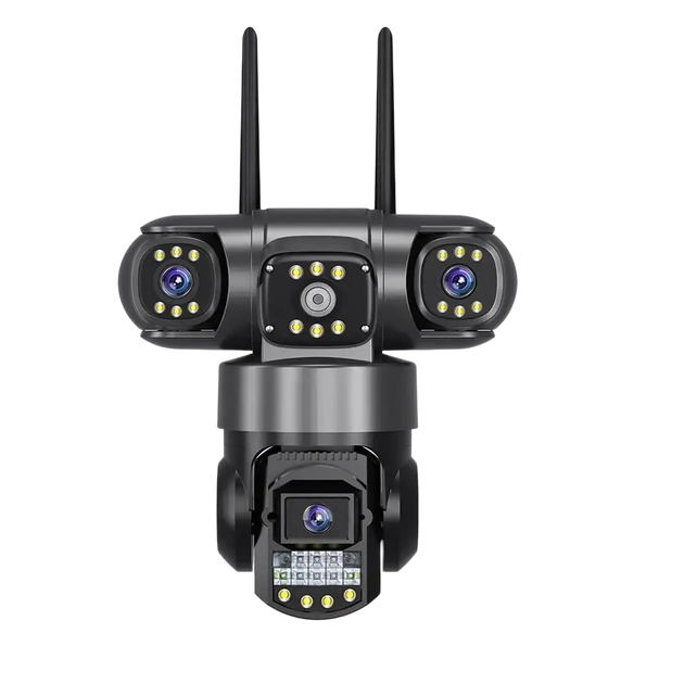 Caméra de sécurité WiFi noire à triple objectif avec carte mémoire de 64 Go.