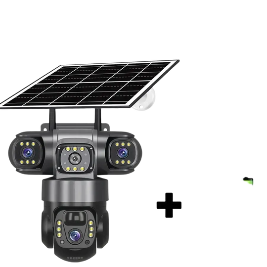 Caméra de sécurité extérieure alimentée par l’énergie solaire, dotée de plusieurs objectifs et d’une batterie intégrée.