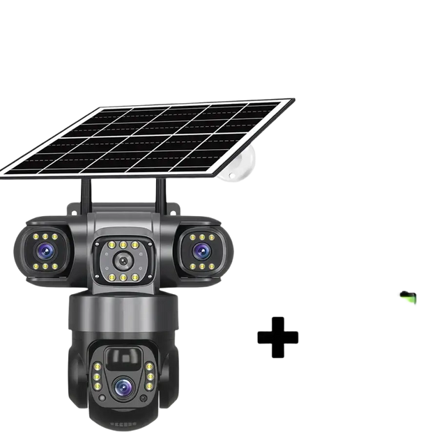Caméra de sécurité extérieure alimentée par l’énergie solaire, dotée de plusieurs objectifs et d’une batterie intégrée.