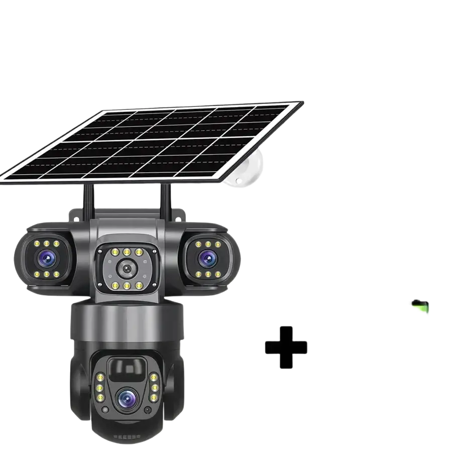 Caméra de sécurité extérieure alimentée par l’énergie solaire, dotée de plusieurs objectifs et d’une batterie intégrée.