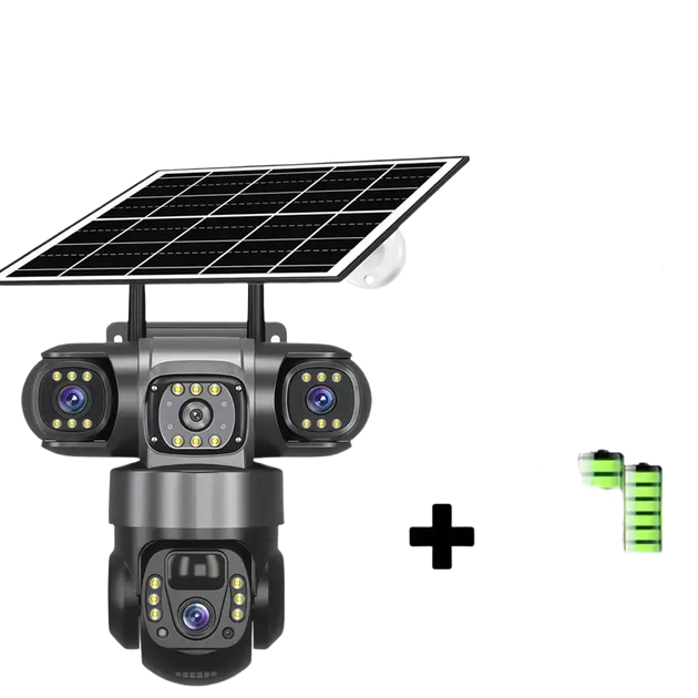 Une caméra de sécurité alimentée par l’énergie solaire, dotée de plusieurs objectifs, d’une carte mémoire de 128 Go et de batteries intégrées.