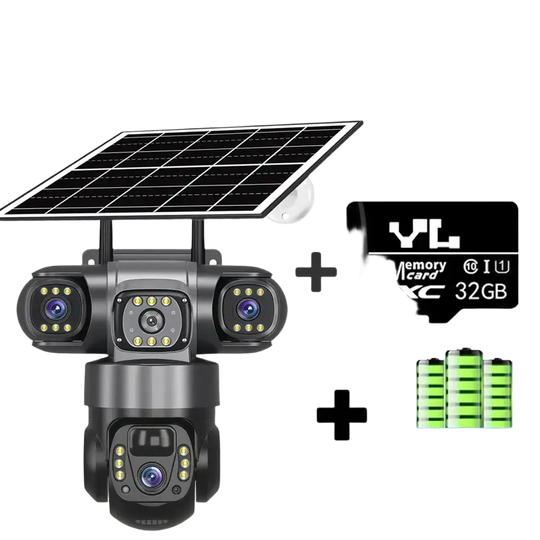 Un système de caméras de sécurité extérieures alimentées par l’énergie solaire, avec plusieurs objectifs, une connectivité Wi-Fi, une carte mémoire de 32 Go et des batteries intégrées.