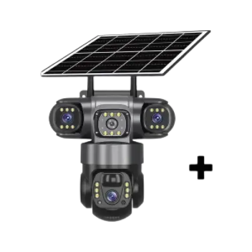 Système de caméras de sécurité à énergie solaire avec objectifs multiples et projecteurs intégrés.