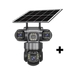 Système de caméras de sécurité à énergie solaire avec objectifs multiples et projecteurs intégrés.