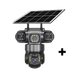 Système de caméras de sécurité à énergie solaire avec objectifs multiples et projecteurs intégrés.