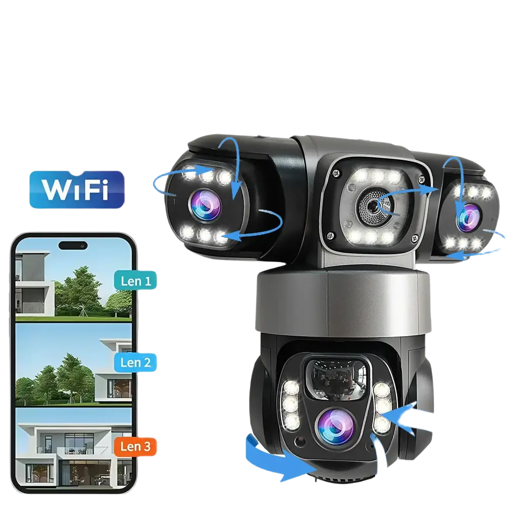 Caméra de sécurité extérieure à triple objectif alimentée par l’énergie solaire avec WiFi, audio bidirectionnel, détection de mouvement, PTZ et fonctions d’étanchéité.