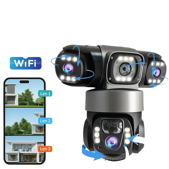 Caméra de sécurité extérieure à triple objectif alimentée par l’énergie solaire avec WiFi, audio bidirectionnel, détection de mouvement, PTZ et fonctions d’étanchéité.