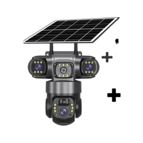 Caméra de sécurité à énergie solaire avec plusieurs objectifs réglables.