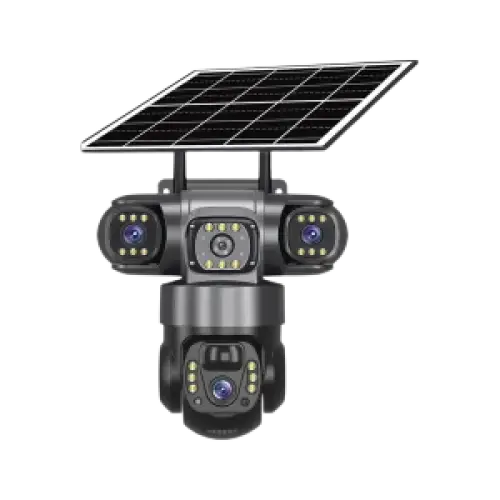 Caméra de sécurité à énergie solaire avec objectifs multiples et projecteurs intégrés.